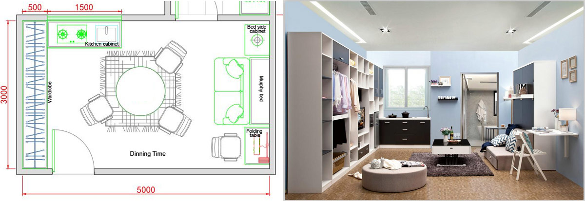 Murphy bed wardrobe with kitchen cabinet for india customer