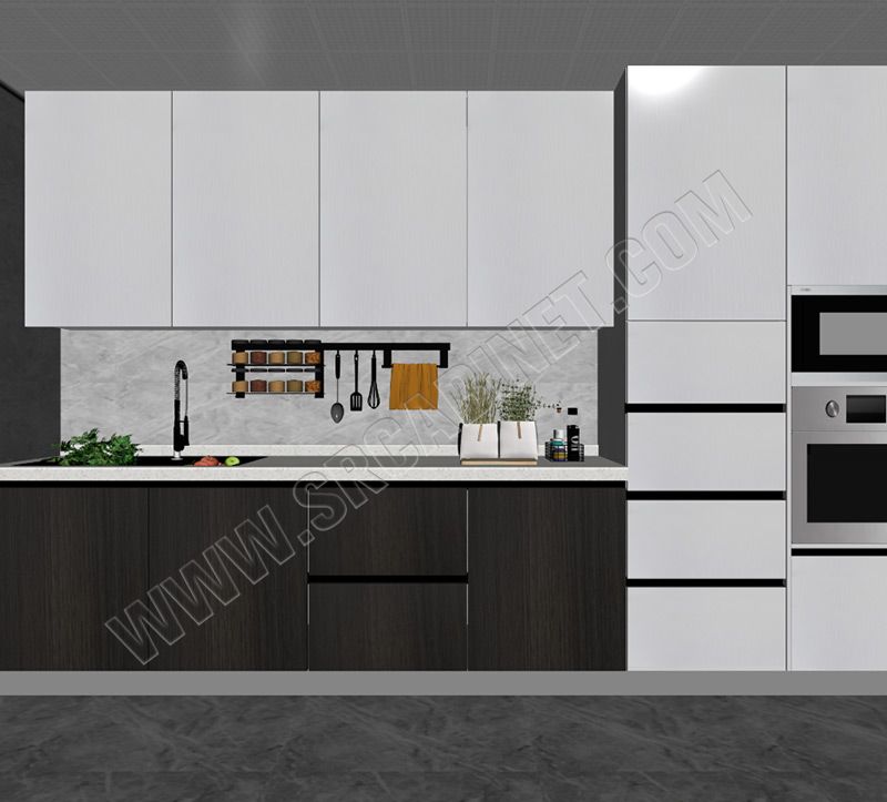 White and wood grain handless matt lacquer color kitchen cabinet