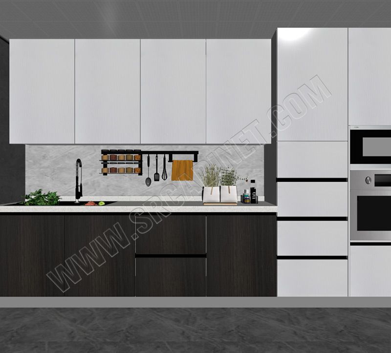 White and wood grain handless matt lacquer color kitchen cabinet