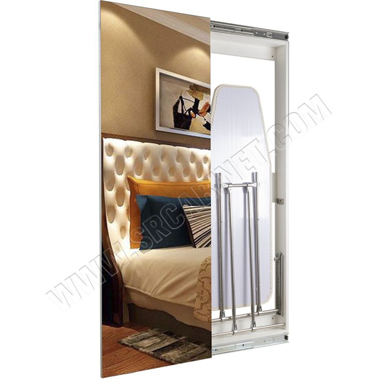 Wooden wall mounted folding ironing board with sliding door