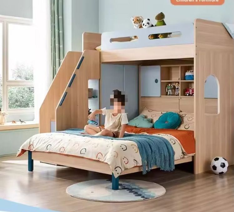 Children's Integrated Furniture Offset Type Mother-Child Bed with Double-Layered Ladder Cabinet for Bedroom Use