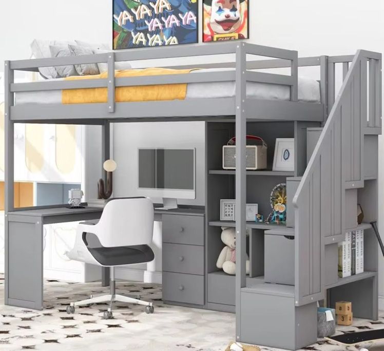 Hot Sale Kids Twin Loft Bed with Drawers Space Saving Wooden Kid Beds School wooden loft bed with desk