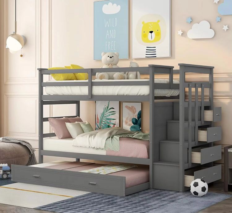 Twin Over Twin Bunk Bed with Trundle and Staircase Natural Solid Wood Bunk Kids Bed for Kids Teens Adults