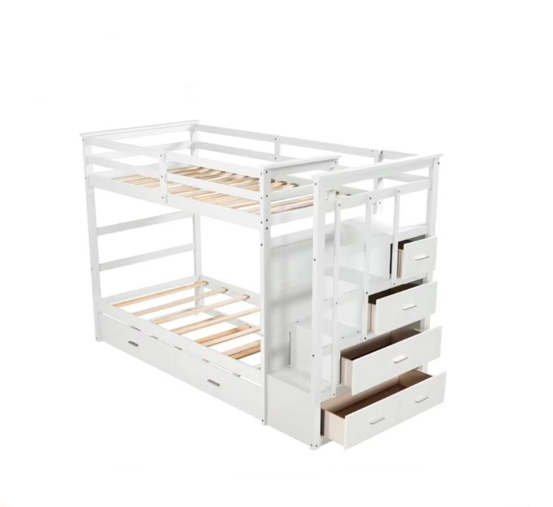 Twin Over Twin Bunk Bed with Trundle and Staircase Natural Solid Wood Bunk Kids Bed for Kids Teens Adults