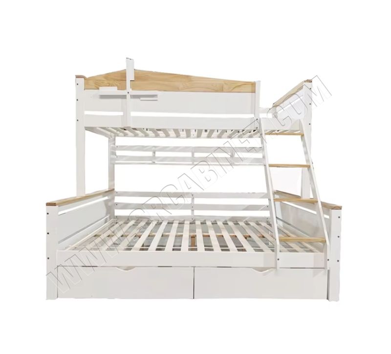 Solid wood children's bunk kids beds with drawers and shelves are uniquely styled and easy to assemble