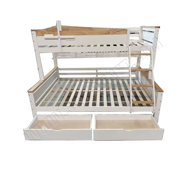 Solid wood children's bunk kids beds with drawers and shelves are uniquely styled and easy to assemble