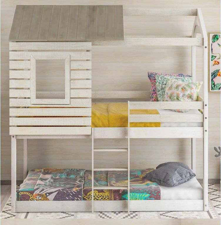 Good Quality Solid Wood Queen Size Children Kids Bunk Bed With Roof And Built-In Ladder Suitable For Children And Teenagers