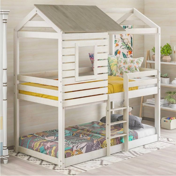 Good Quality Solid Wood Queen Size Children Kids Bunk Bed With Roof And Built-In Ladder Suitable For Children And Teenagers