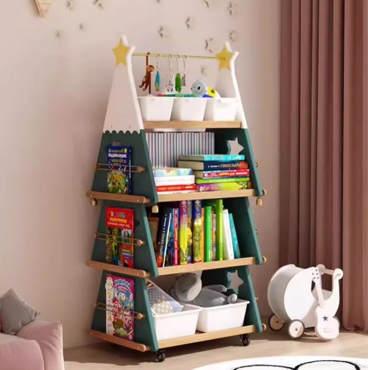 Creative Children's Bookshelf Storage Rack Christmas Tree Mobile Bookcase Wheels Floor Standing Multi-Layer Solid Wood Picture