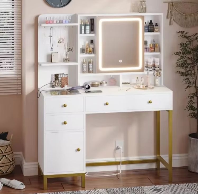 LED Mirror Dressing Table with Drawers Tocador Makeup Vanity Speaker Modern LED Vanity Table for Beauty Routine