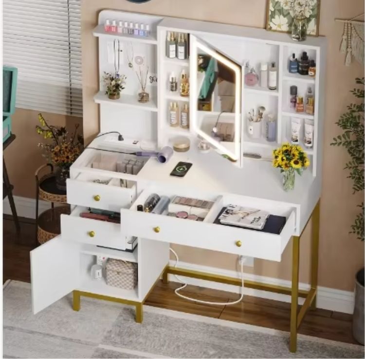 LED Mirror Dressing Table with Drawers Tocador Makeup Vanity Speaker Modern LED Vanity Table for Beauty Routine