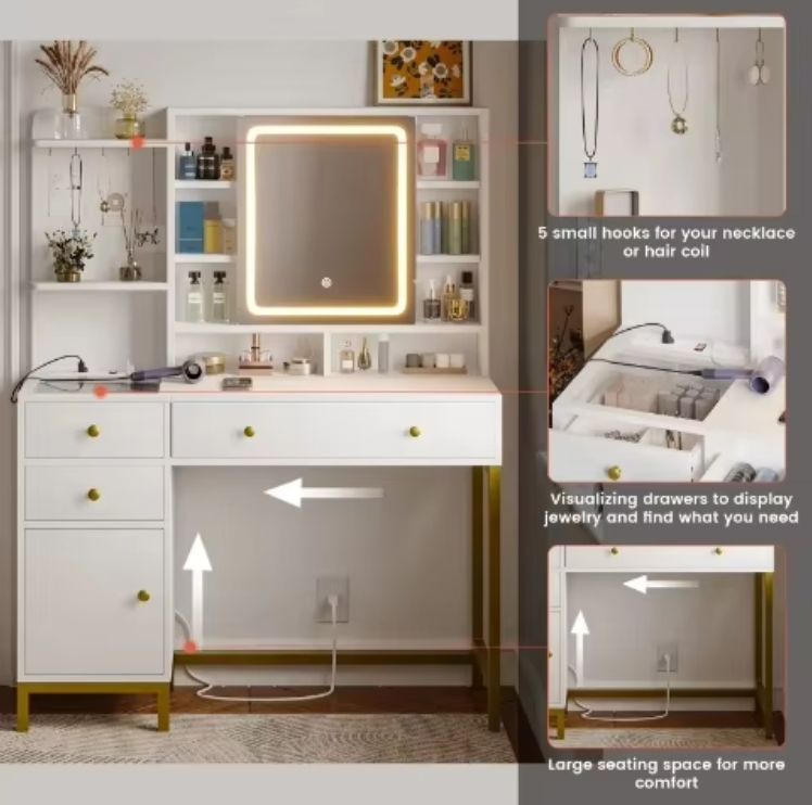 LED Mirror Dressing Table with Drawers Tocador Makeup Vanity Speaker Modern LED Vanity Table for Beauty Routine