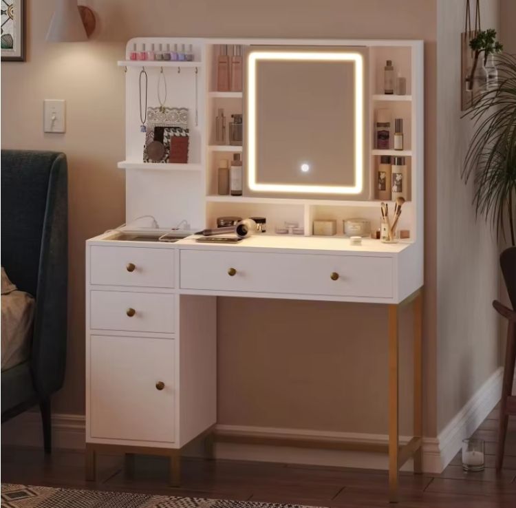 LED Mirror Dressing Table with Drawers Tocador Makeup Vanity Speaker Modern LED Vanity Table for Beauty Routine