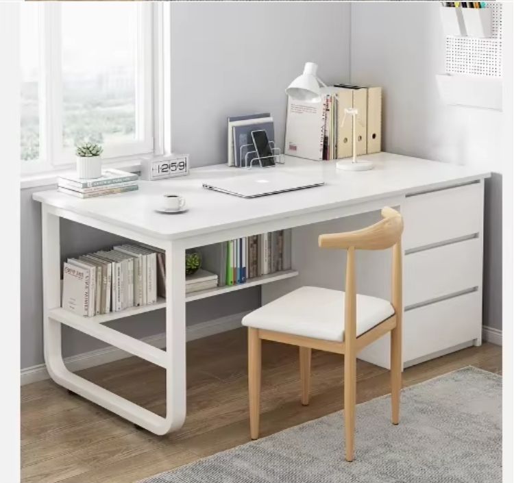Modern Simple Wooden Writing Desk with Iron Computer Table and Drawer for Home Office Bedroom or Small Spaces