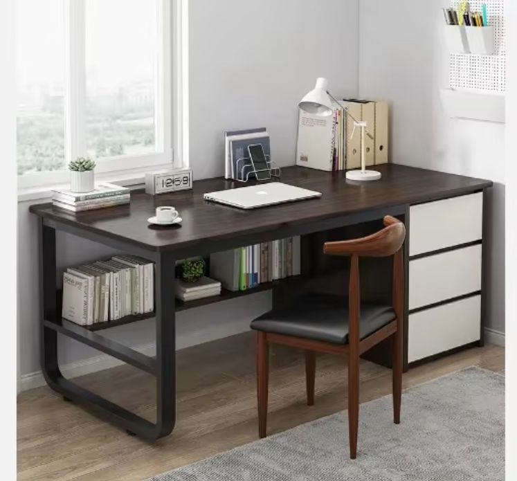 Modern Simple Wooden Writing Desk with Iron Computer Table and Drawer for Home Office Bedroom or Small Spaces