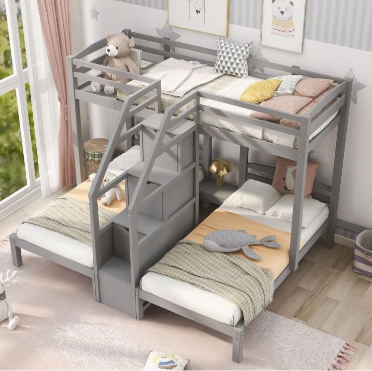 Kids Bedroom with 3-in-1 Twin & Twin Bunk Bed Outdoor Storage Staircase for More Kids for Hotel & Living Room Use