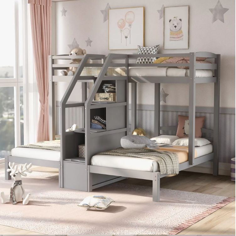 Kids Bedroom with 3-in-1 Twin & Twin Bunk Bed Outdoor Storage Staircase for More Kids for Hotel & Living Room Use