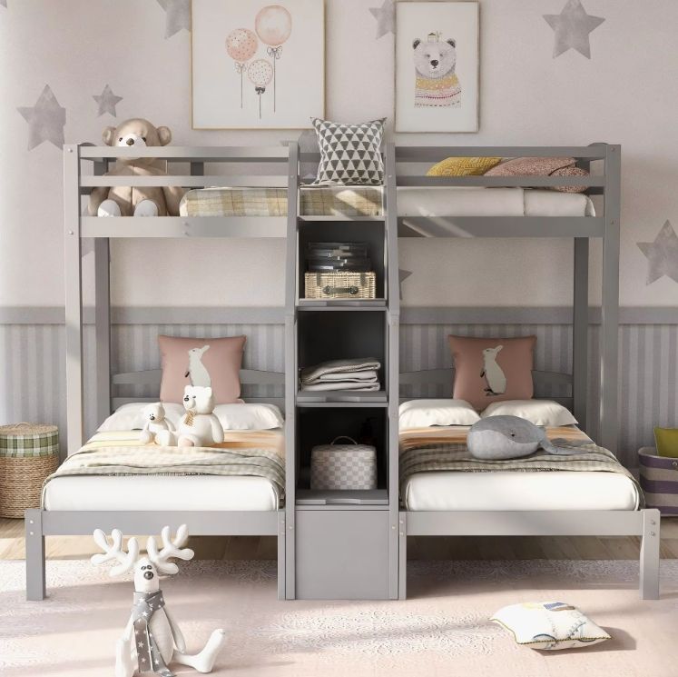 Kids Bedroom with 3-in-1 Twin & Twin Bunk Bed Outdoor Storage Staircase for More Kids for Hotel & Living Room Use