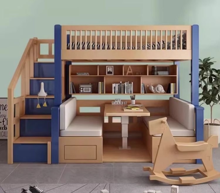 Modern All Solid Wood Bunk Bed with High-Low Elevated Table Adult-Child Integrated Desks Combination Upper/Lower Tables