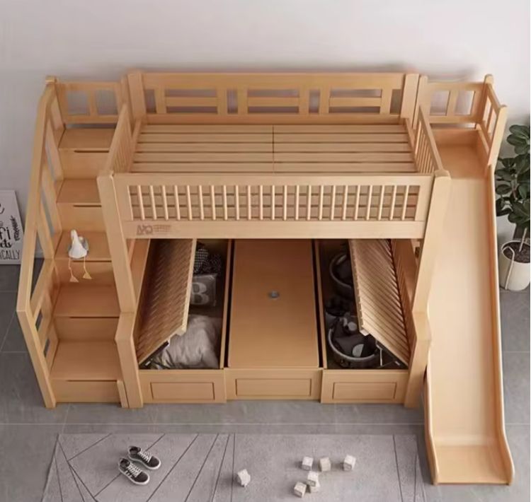 Modern All Solid Wood Bunk Bed with High-Low Elevated Table Adult-Child Integrated Desks Combination Upper/Lower Tables