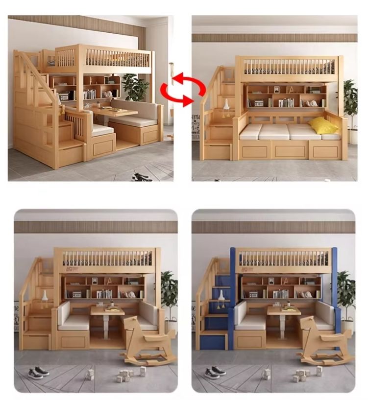 Modern All Solid Wood Bunk Bed with High-Low Elevated Table Adult-Child Integrated Desks Combination Upper/Lower Tables