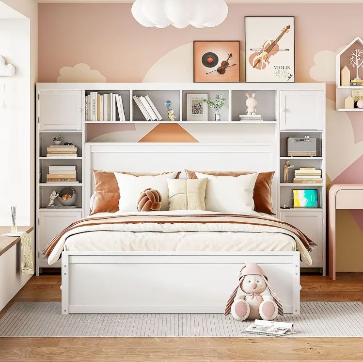 All-in-One Wooden Storage Platform Bed Frame with 4 Drawers & Cabinet Kids Bed