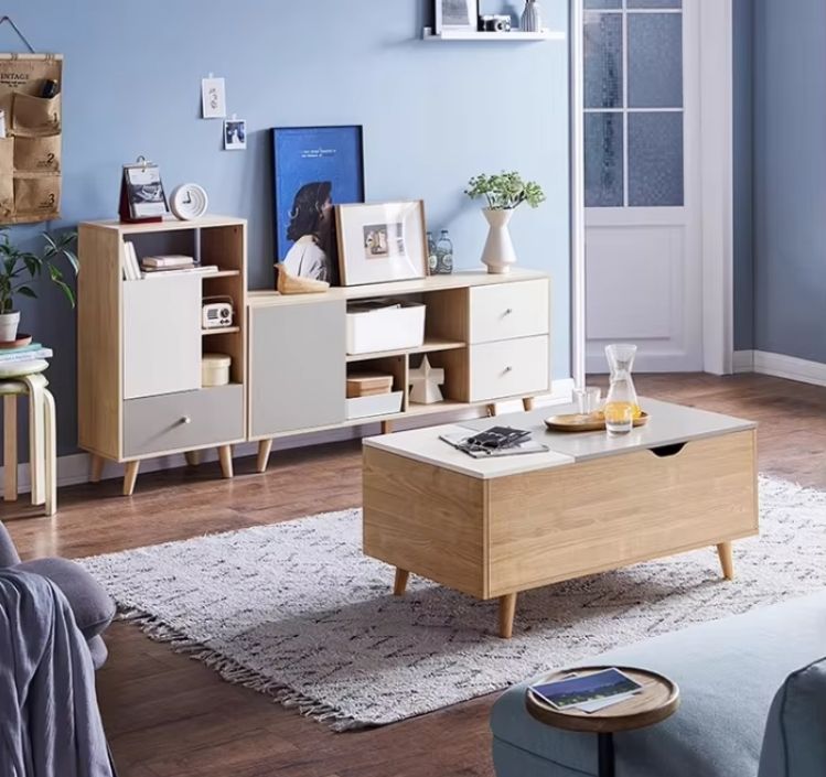 Modern Nordic Minimalist Living Room Storage TV Cabinet and Coffee Table Combination Small Home Use Floor Unit with Tea Table