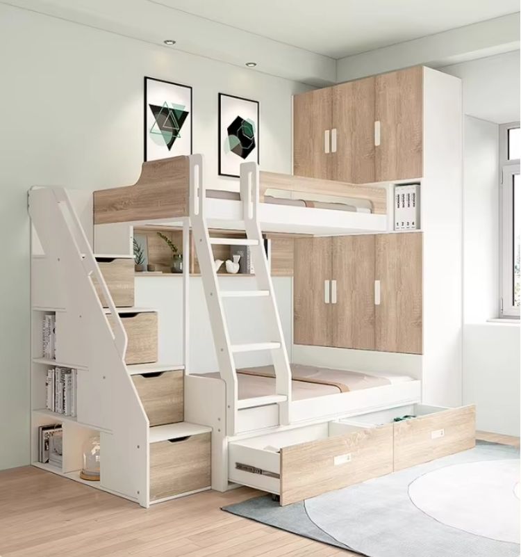 Multifunctional Adult High Low Bed with Integrated Bunk & Wardrobe Children's MDF Style Small Unit for Parents & Kids