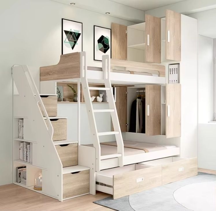 Multifunctional Adult High Low Bed with Integrated Bunk & Wardrobe Children's MDF Style Small Unit for Parents & Kids