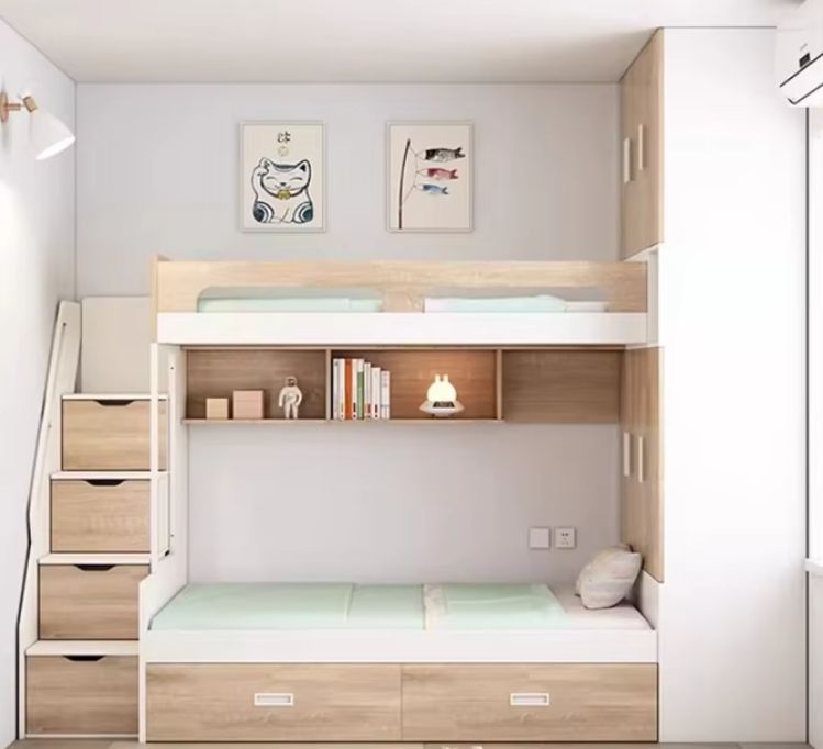 Multifunctional Adult High Low Bed with Integrated Bunk & Wardrobe Children's MDF Style Small Unit for Parents & Kids