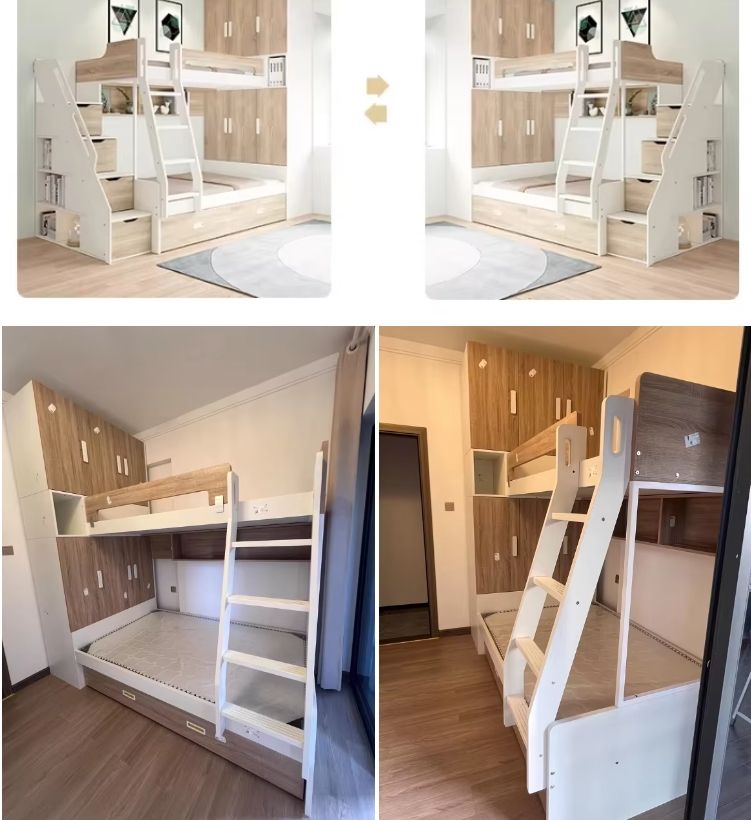 Multifunctional Adult High Low Bed with Integrated Bunk & Wardrobe Children's MDF Style Small Unit for Parents & Kids