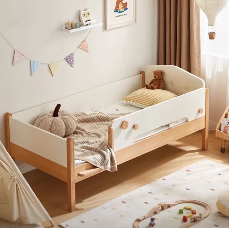 Solid Wood Cream Style Single Bed for Children High Guardrail Wider Baby Bed with Spliced Design for Modern Bedrooms Schools