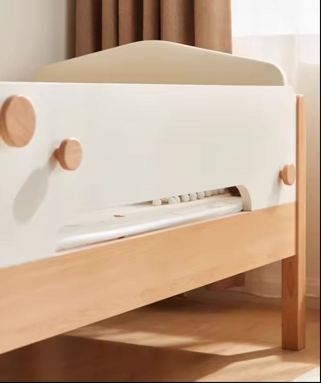 Solid Wood Cream Style Single Bed for Children High Guardrail Wider Baby Bed with Spliced Design for Modern Bedrooms Schools
