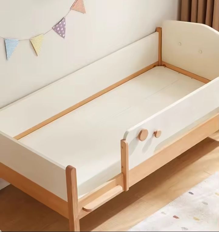 Solid Wood Cream Style Single Bed for Children High Guardrail Wider Baby Bed with Spliced Design for Modern Bedrooms Schools