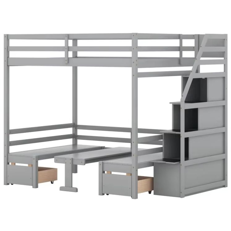 Modern 2-Drawer Full over Full Loft Bed with Built-In-Desk Featuring Panel Wood Style