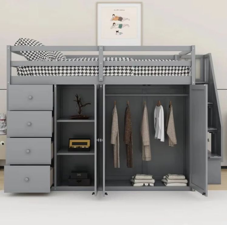 Modern Solid Wood Loft Bed with Panel Style Full-Size Built-In Wardrobes Cabinets and Drawers for Bedroom Home Furniture