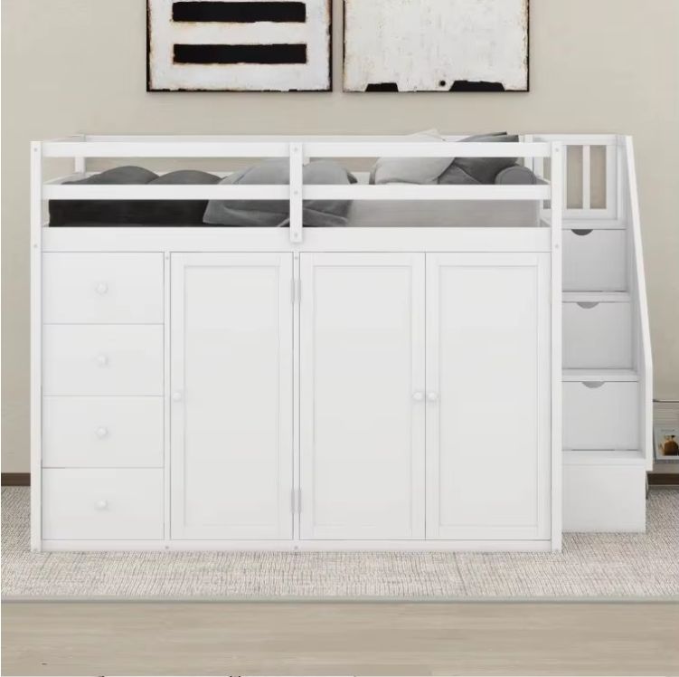 Modern Solid Wood Loft Bed with Panel Style Full-Size Built-In Wardrobes Cabinets and Drawers for Bedroom Home Furniture