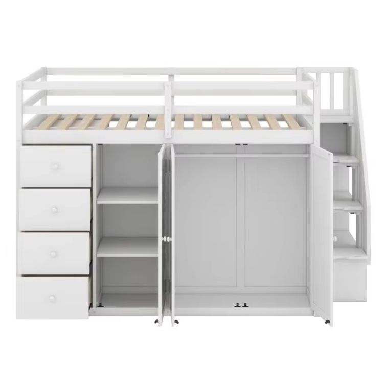 Modern Solid Wood Loft Bed with Panel Style Full-Size Built-In Wardrobes Cabinets and Drawers for Bedroom Home Furniture