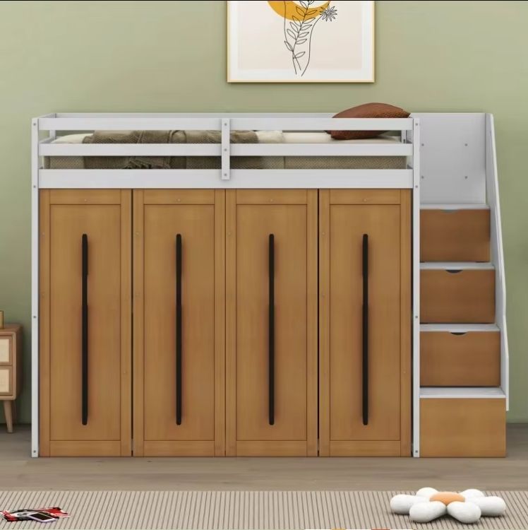 Modern Loft Wooden Bed with Two-Tone Panel Practical Wood Storage Stairs and Pull-Out Wardrobes、