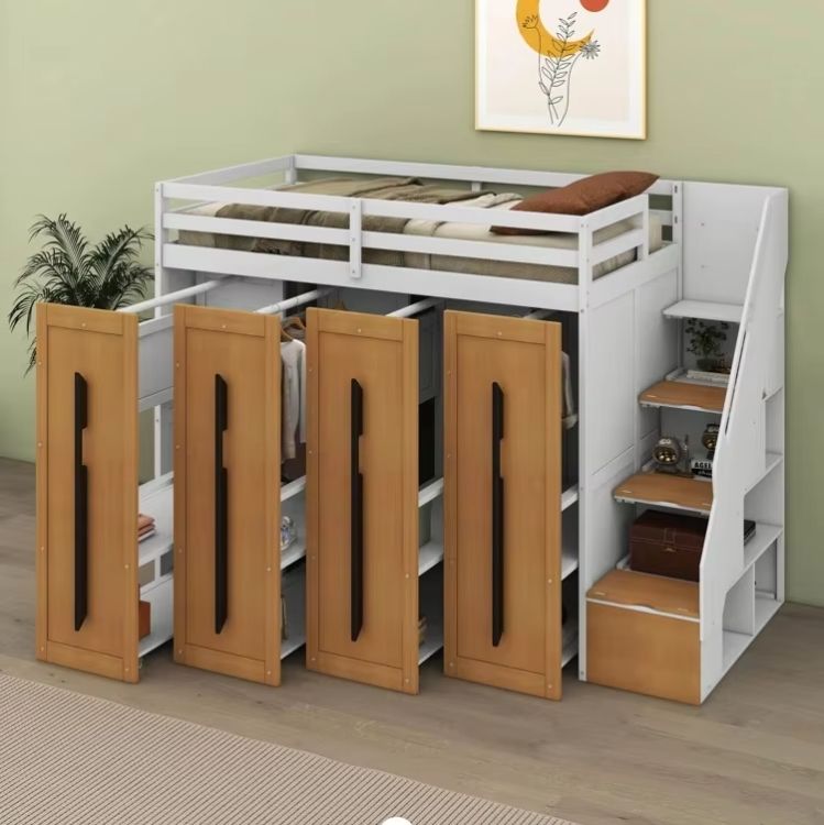 Modern Loft Wooden Bed with Two-Tone Panel Practical Wood Storage Stairs and Pull-Out Wardrobes、