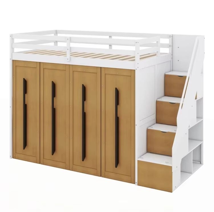 Modern Loft Wooden Bed with Two-Tone Panel Practical Wood Storage Stairs and Pull-Out Wardrobes、