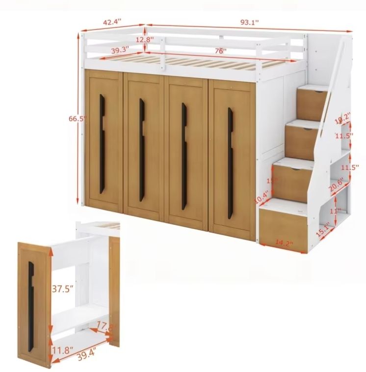 Modern Loft Wooden Bed with Two-Tone Panel Practical Wood Storage Stairs and Pull-Out Wardrobes、