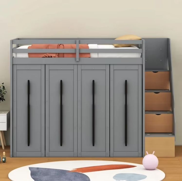 Modern Loft Wooden Bed with Two-Tone Panel Practical Wood Storage Stairs and Pull-Out Wardrobes、