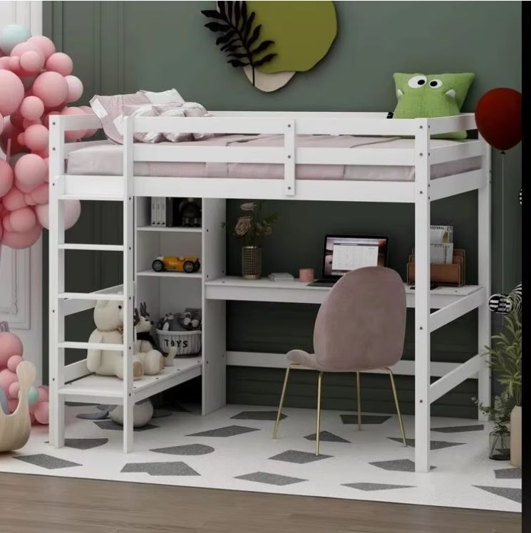 Modern Wood Loft Bed Frame Triple Bunk Twin over Twin with L-Shaped Design 2 Drawers & 2 Ladders for Kids Teens Adults Bedroom