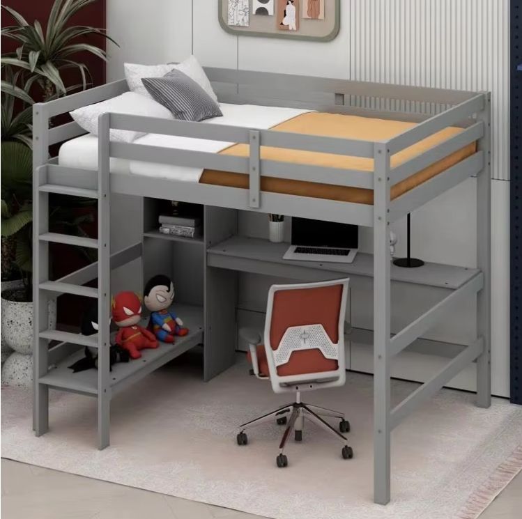 Modern Wood Loft Bed Frame Triple Bunk Twin over Twin with L-Shaped Design 2 Drawers & 2 Ladders for Kids Teens Adults Bedroom