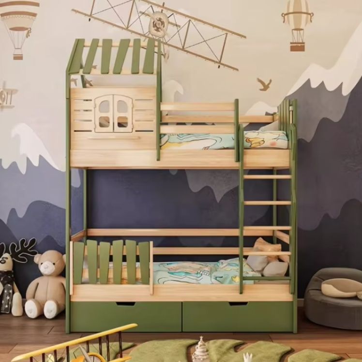 Modern Children's High and Low Bunk Bed with Play Swing Frame Solid Pine Wood Panel Bed for Home Furniture
