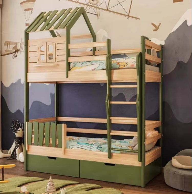Modern Children's High and Low Bunk Bed with Play Swing Frame Solid Pine Wood Panel Bed for Home Furniture