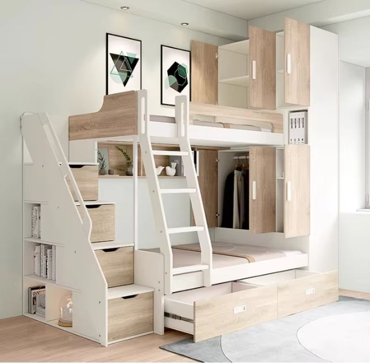 Multifunctional Adult High Low Bed Integrated Small Unit Children's Bunk Bed with Wardrobe for Bedroom