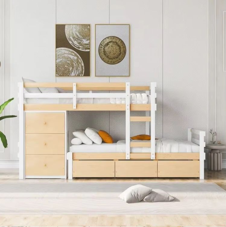Modern 6-Drawer Twin over Twin Oak Design Standard Double Size Bunk Kids Bed with MDF Wood Panel for Bedroom