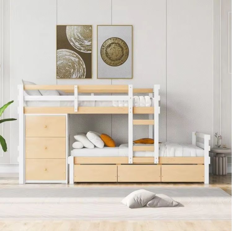 Oak 6-Drawer Twin over Twin Standard Bunk Kids Bed Double Size MDF Wood Style for Bedroom
